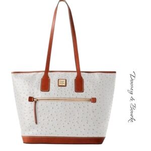 NWT Dooney & Bourke Ivory Brown Tote Handbag Ostrich Calf Leather Bag